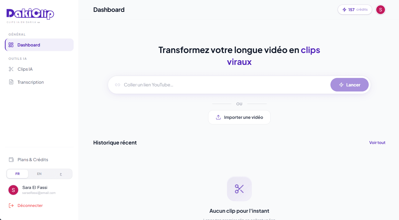 Tableau de bord Dakiclip